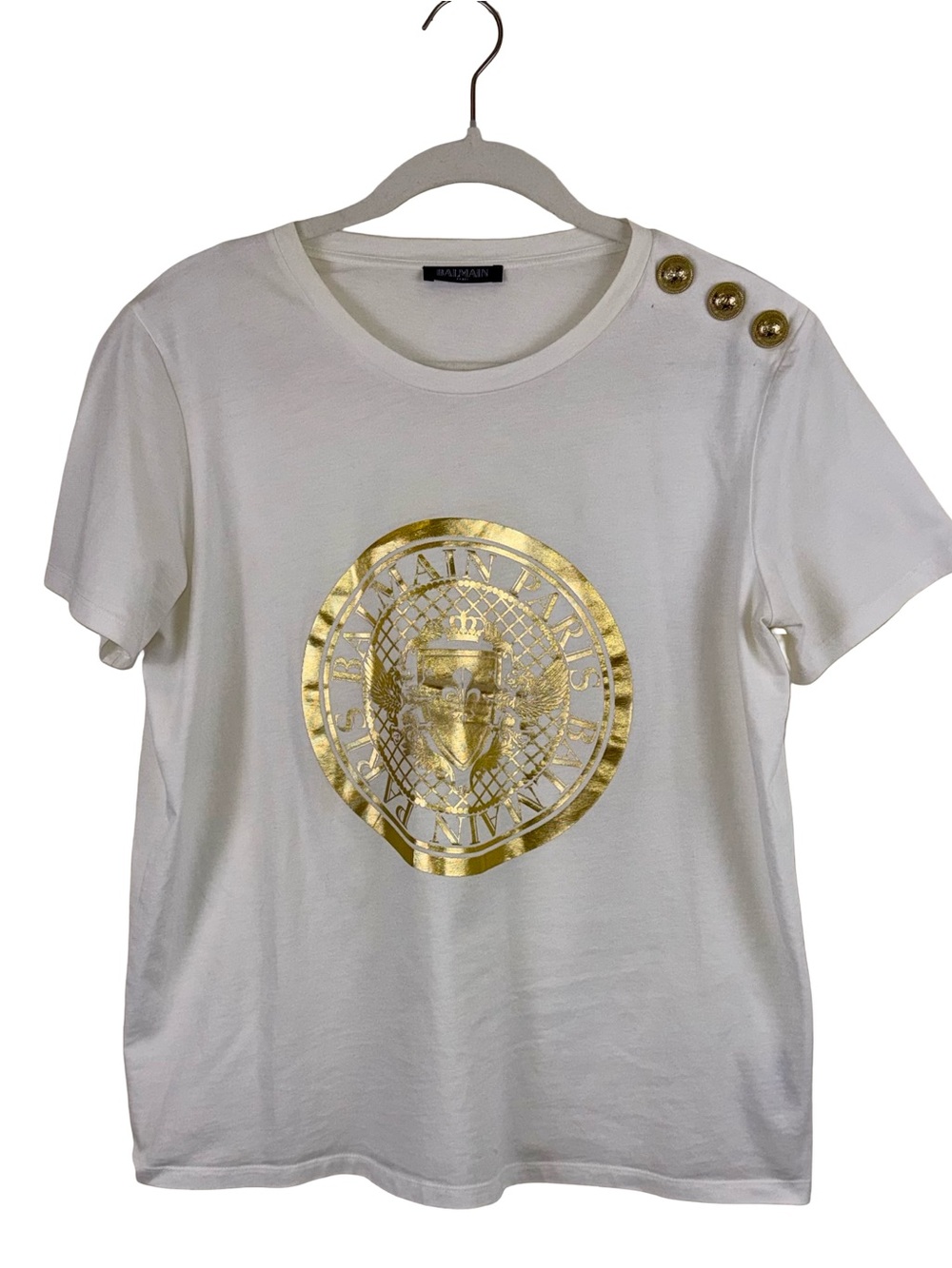 BALMAIN BUTTON-EMBELLISHED MEDALLION LOGO T-SHIRT IN WHITE